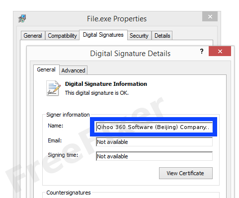 Screenshot of the Qihoo 360 Software (Beijing) Company Limited certificate